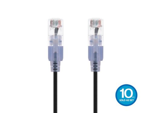 Cat6A 1ft Black 10-Pk Patch Cable, UTP, 30AWG, 10G, Pure Bare Copper, Snagless RJ45, SlimRun Series Ethernet Cable