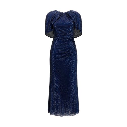 Crystal-Embellished Cape-Sleeve Dress — Navy