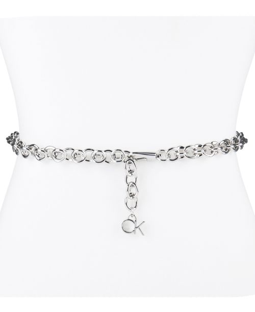 Women's Silver-Tone Chain Belt with Hanging Logo Charm - Silver