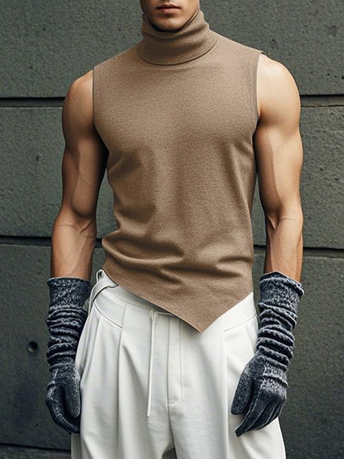 Mens Asymmetrical Hem High-Neck Tank SKUK97532 - Khaki / S