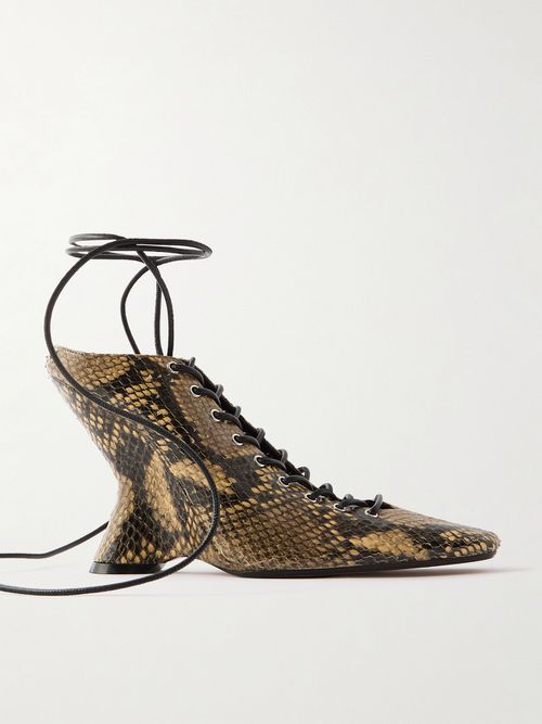 Lace-up Snake-effect Leather Wedge Pumps - Animal print