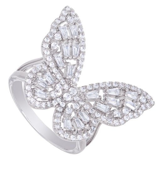 Cubic Zirconia Baguette and Round Stone Butterfly Ring in Silver Plate - Silver