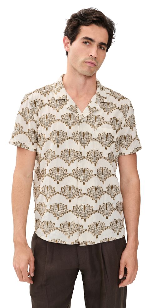 Short Sleeve Botanical Jacquard Camp Shirt Tinted White/Olive