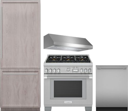 Thermador 4 Piece Kitchen Appliances Package with Bottom Freezer Refrigerator, Dual Fuel Range and Dishwasher in Panel Ready THRERADWRH