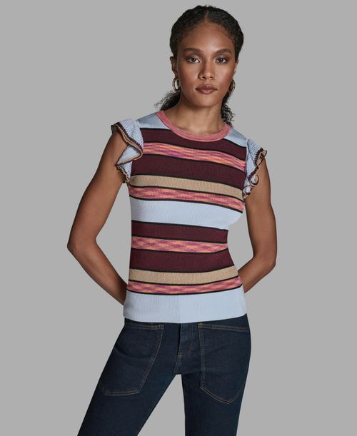 Women's Stripe Short Flutter-Sleeve Crewneck Sweater - Multi Stripe