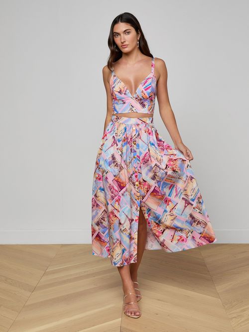 Seina Poplin Midi Skirt In Light Pink Multi Small Postcard Print