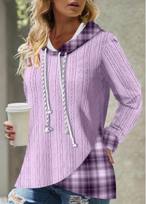 Modlily Light Purple Asymmetric Hem Tartan Print Hoodie