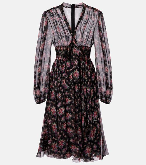 Floral shirred silk midi dress