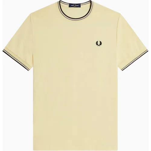 Men's Fred Perry Twin Tipped Mens T Shirt Crew Neck Short Sleeve Summer Tee - Yellow