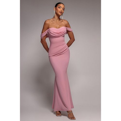 Goddiva Bardot Scuba & Chiffon Cowl Maxi Dress - Blush Pink