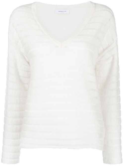 Striped V-neck knit jumper - White