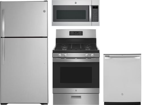 Piece Kitchen Appliances Package with Top Freezer Refrigerator, Gas Range, Dishwasher and Over the Range Microwave in Stainless Steel GERERADWMW