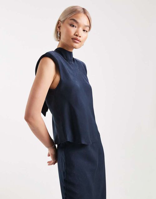 Satin tie neck detail co-ord top in navy
