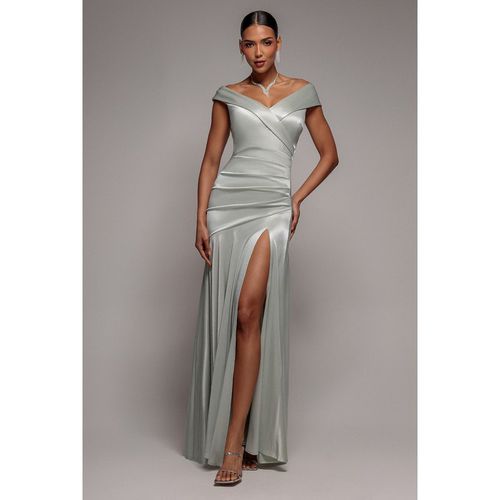 Goddiva Satin Off Shoulder Pleated Maxi Dress - Sage Green