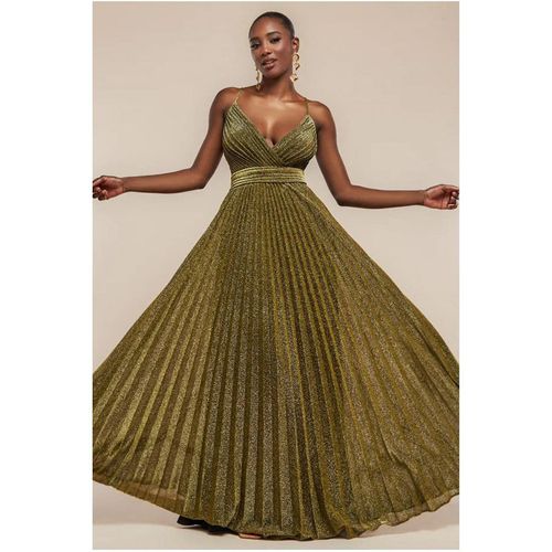Goddiva Sleeveless Pleated A Line Lurex Maxi Dress - Gold