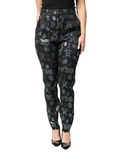Floral Metallic Jacquard Trousers — Black