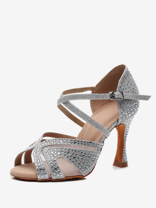 Women’s Customized Latin Dance Shoes Silver Peep Toe Rhinestones Ballroom Dance Shoe