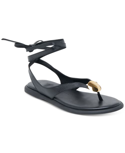 Women's Judy Lace-Up Ankle Wrap Jeweled Flat Sandals - Black Leather