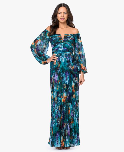 Women's Off-The-Shoulder Long-Sleeve Gown - Tur/Multi