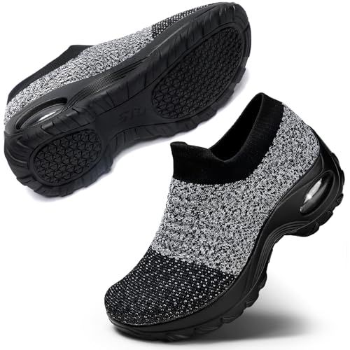 STQ Womens Slip on Walking Shoes Breathable Non Slip Work Shoes Comfortable Air-Cushion Orthopedic Sneakers with Arch Support All Black