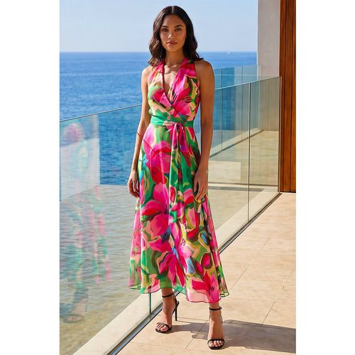 Roman Womens Floral Print Halterneck Maxi Dress - Pink