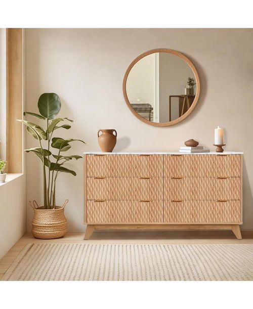 54Inch Modern Chest of Drawers,6 Drawers Dresser with Faux Marble Top,Curved Profile Design Wood Drawer Organizer, Freestanding Storage Cabinet