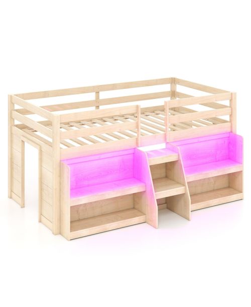 Loft Bed Frame with Led Lights, Staircase Ladder and Safety Guardrails, Space Saver - Light Brown