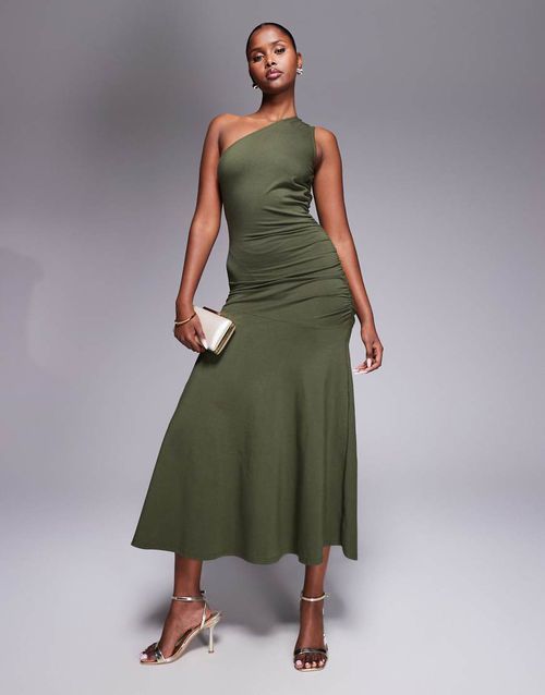 Fashionkilla Cotton One Shoulder Ruched Side Maxi Dress in khaki-Green