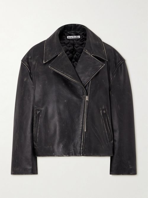 Distressed Leather Biker Jacket - Black