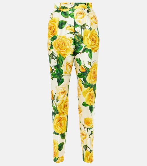 Floral high-rise silk-blend straight pants
