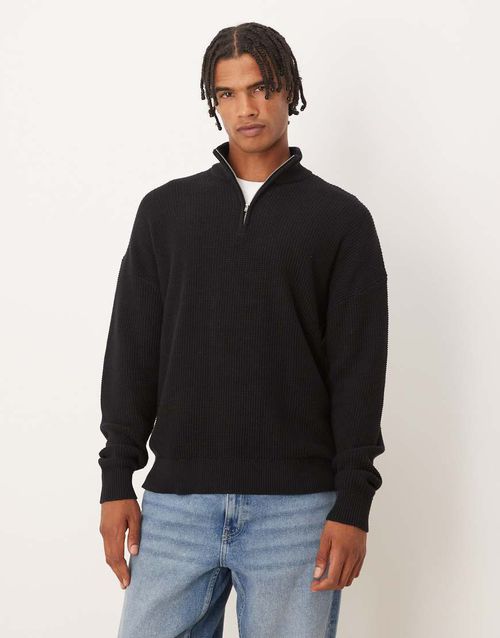 Relaxed knit pique funnel neck sweater in black