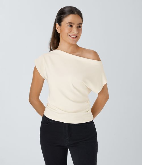 Off Shoulder Short Sleeve Ruched Casual Top Tank Top - Whisper White