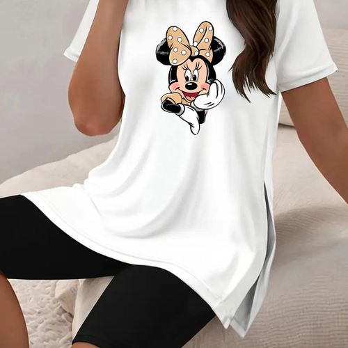 TEMU Conjunto casual para mujer con estampado de Mouse - Camiseta corta de blanca y conjunto de pantalones cortos negros, poliéster, cuello