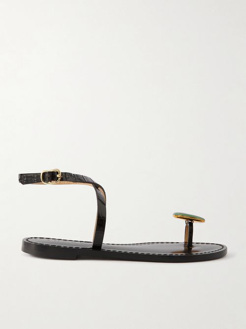 The Kigali Aventurine-embellised Croc-effect Leather Sandals
