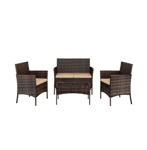 2pcs Arm Chairs 1pc Love Seat & Tempered Glass Coffee Table Rattan Sofa Set - Brown