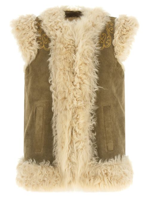 Shearling & Fur-Trim Vest — Beige
