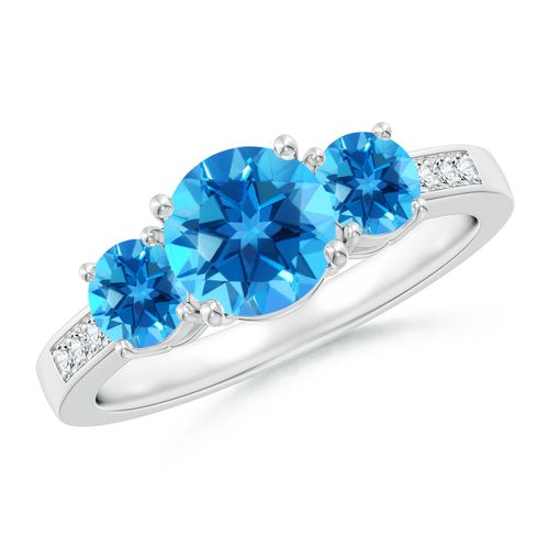 Angara 1.55 Carats Three Stone Round Swiss Blue Topaz Ring with Diamond Accents in Platinum