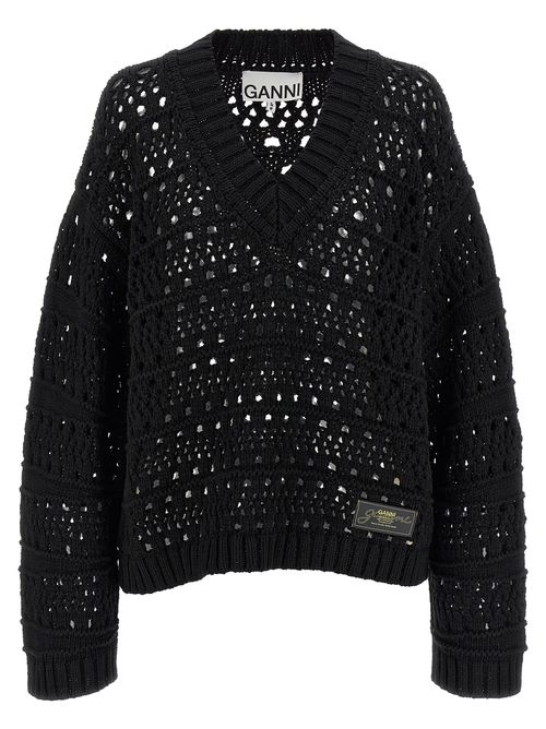 Ganni - Black Crochet V-Neck Sweaters And Cardigans Black
