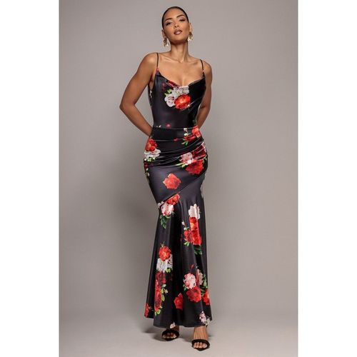 Goddiva Floral Print Satin Cowl Neck Maxi Dress - Black