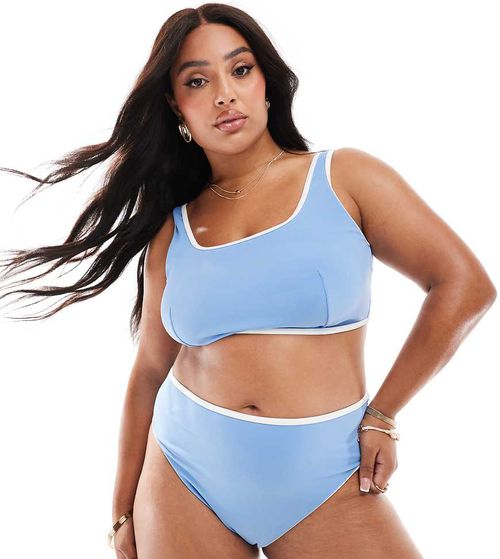 ASOS DESIGN Curve contrast binding high leg high waist bikini bottoms in dusty blue