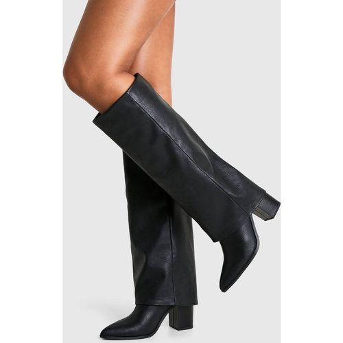 Womens Textured Foldover Stacked Heel Knee High Boots - Black - 7, Black