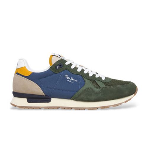 Pepe Jeans for man. PMS40030 Brit Camp leather shoes blue, green (45), Flat, Laces, Casual