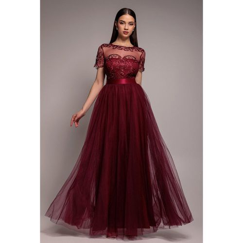Goddiva Embroidered Mesh Maxi Dress - Burgundy