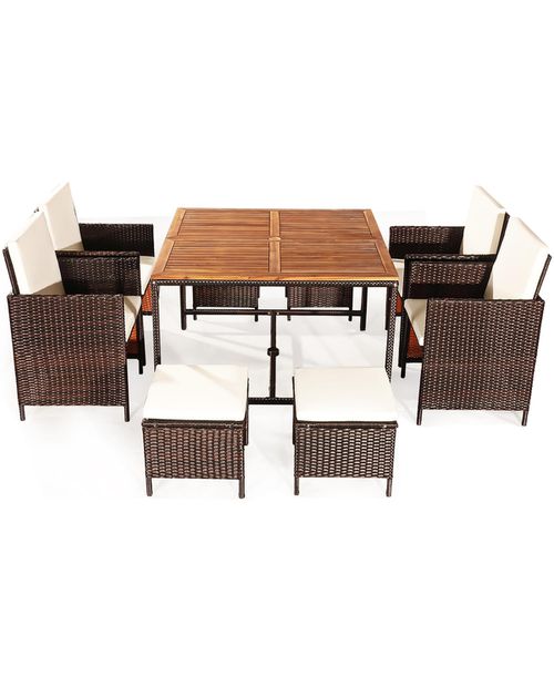 9PCS Patio Rattan Dining Set Cushioned Chairs Ottoman Wood Table Top - White