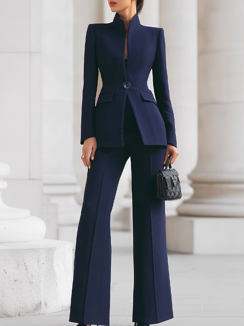 Sophisticated  High-Collar Blazer & Wide-Leg Trousers Set - Navy Blue