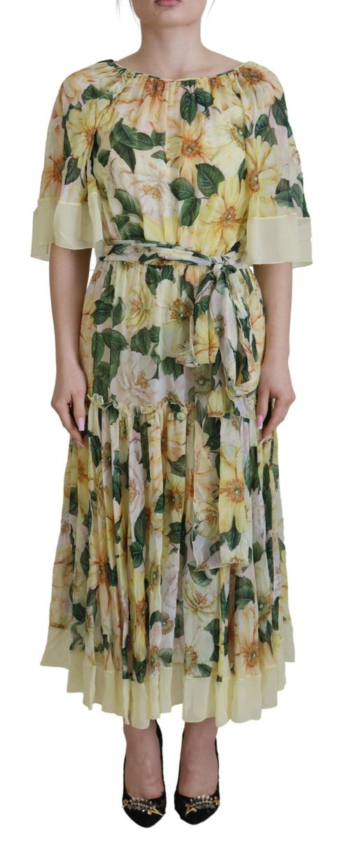 Dolce & Gabbana Yellow Floral Print Pleated Maxi Silk Dress - IT40|S