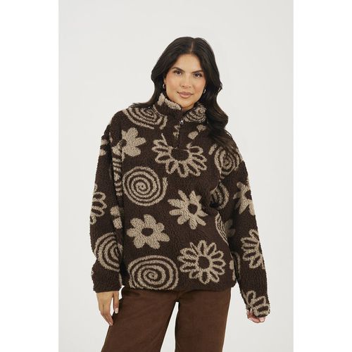 Brave Soul Womens Chocolate Quarter Zip Flower Print Sherpa Fleece - X-Sma