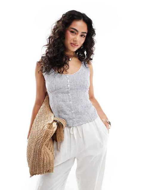 Hollister low neckline linen button through tank top in blue stripe