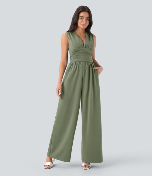 V Neck Sleeveless Ruched Pocket Jumpsuit-Easy Peezy  - Oil Green