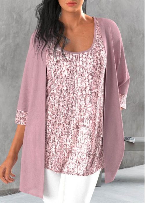 Modlily Women Light Purple 2-Pics Cardigan With Wide Strap Sequin Tank Top